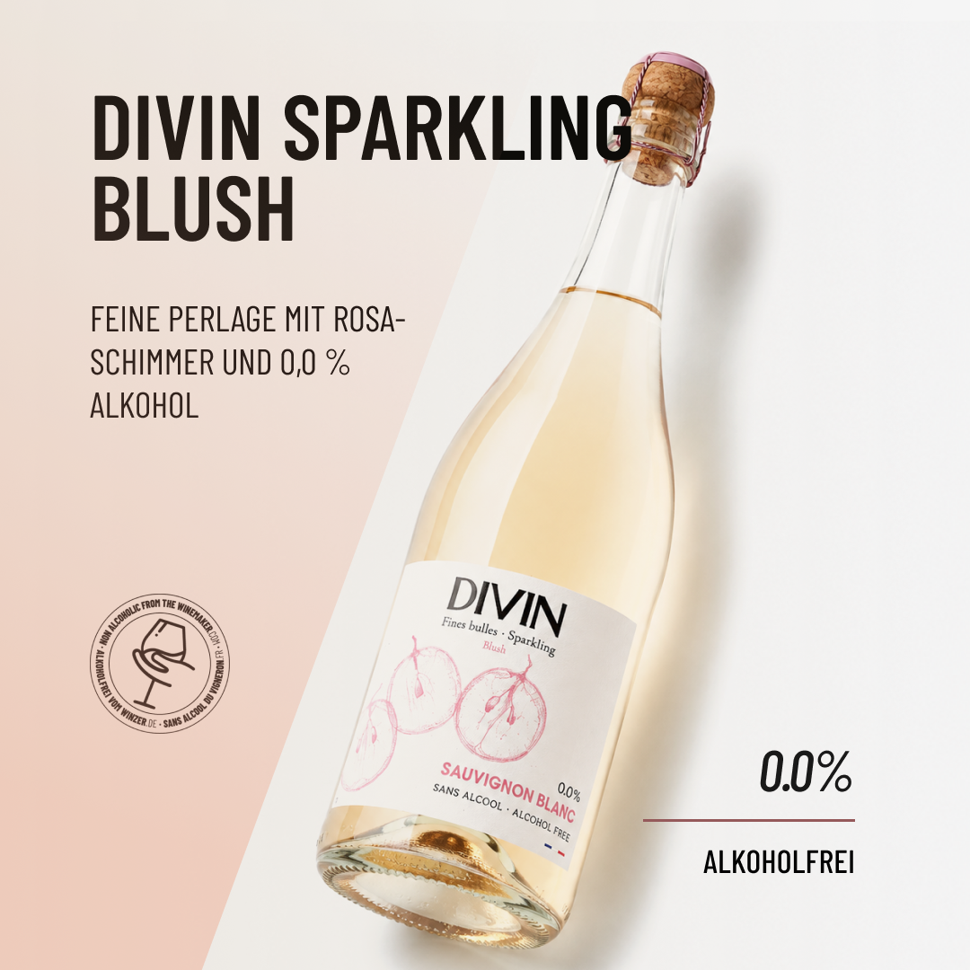 DIVIN SPARKLING BLUSH: feine Perlage mit Rosa-Schimmer und 0,0 % Alkohol