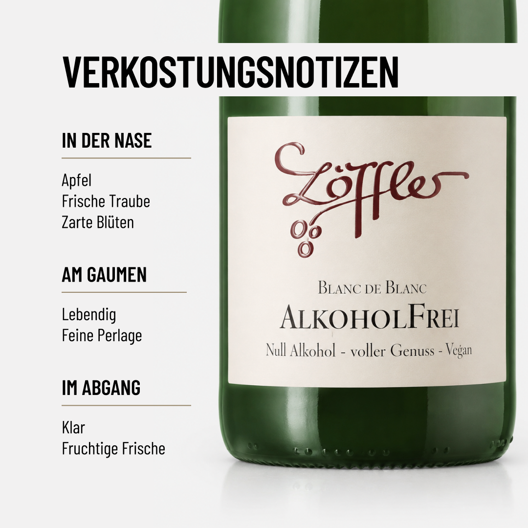 NULL ALKOHOL BLANC DE BLANC: Alkoholfrei, spritzig und frisch vom Weingut Löffler.